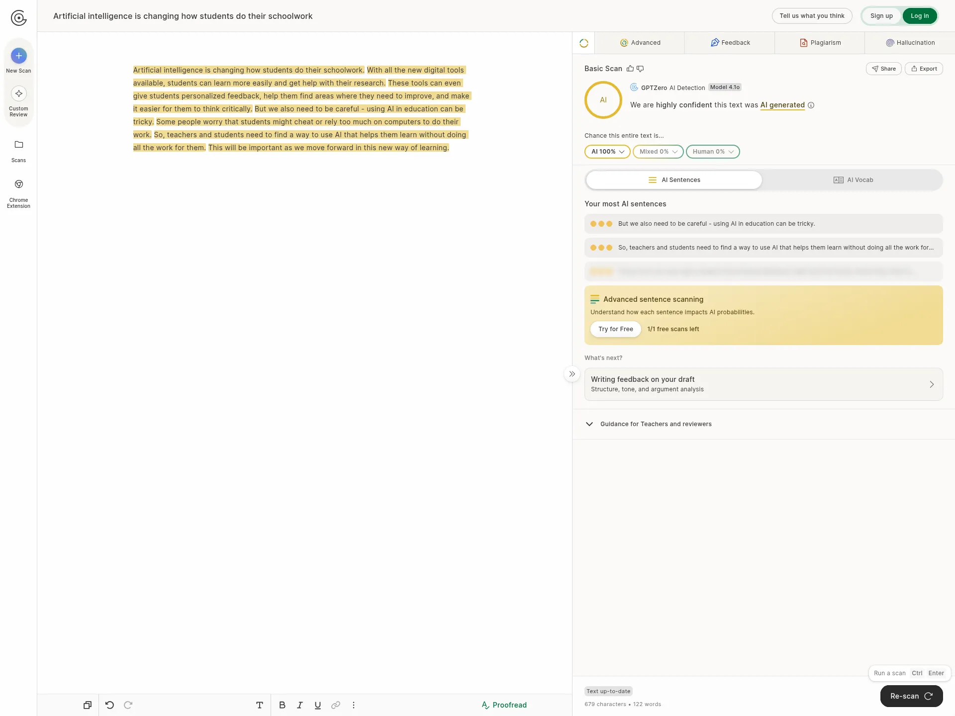 GPTZero free scan rating the output AI 100%, Mixed 0%, Human 0%