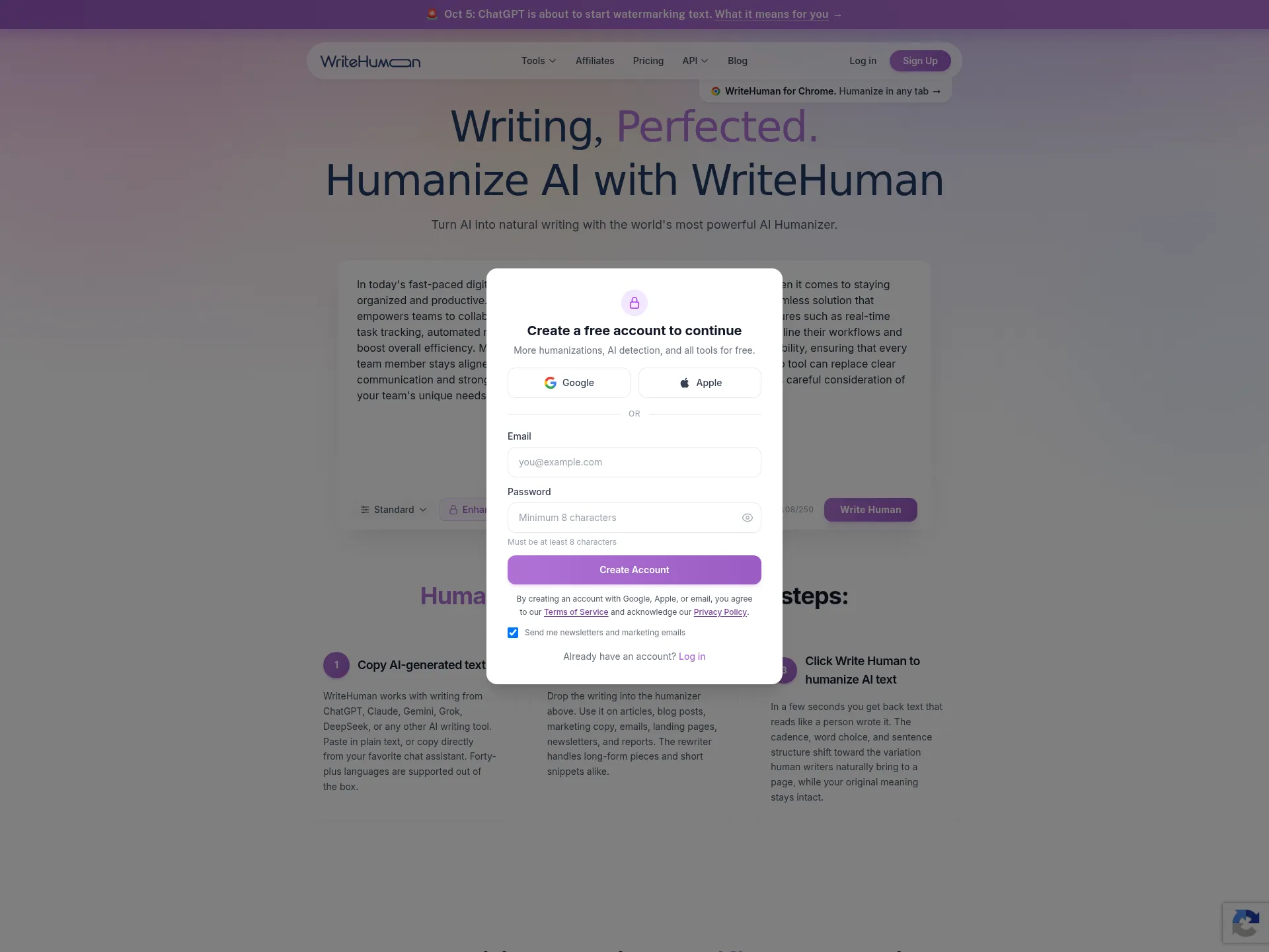 WriteHuman homepage with our pasted text behind a Create a free account to continue window